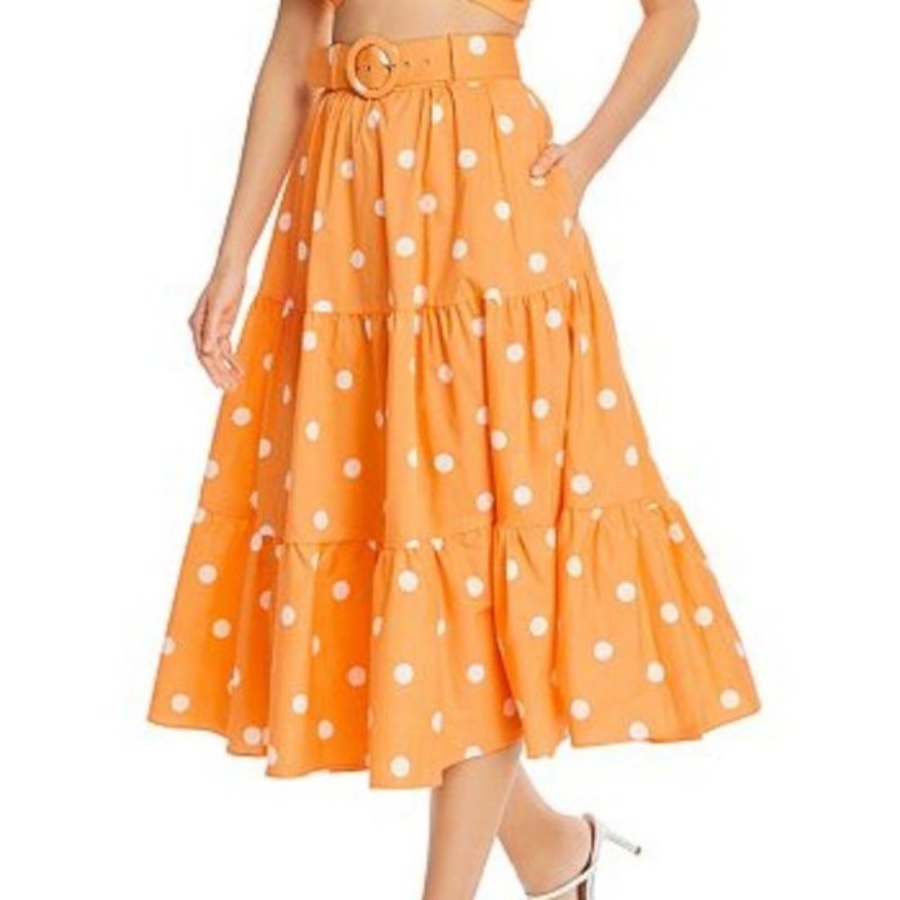 For Love & Lemons Orange Auburn Polka Dot High‎ Waist Tiered Midi Skirt S - Picture 3 of 10